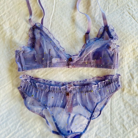 Savage X Fenty PURPLE LAVENDER SPARKLE PUFF BRALETTE & CUT-OUT BIKINI Panty Set - Picture 13 of 15